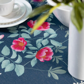 Luxury Linen Like Floral Tablecloth Rose Garden Navy, 3 of 7