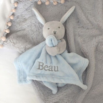 Personalised Blue Bunny Rabbit Baby Comforter, 7 of 12