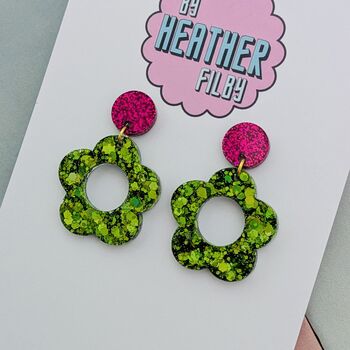 Flower Glitter Resin Earrings 60's Mary Quant Style, 3 of 8