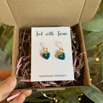 Small Green Blue Turquoise Ceramic Heart Earrings, 5 of 10