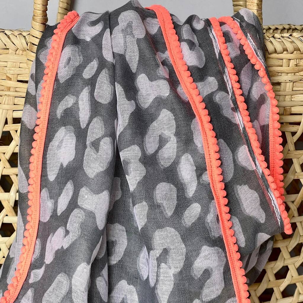 Grey Leopard Print Scarf With Neon Pink Pom Pom Trim By Nest
