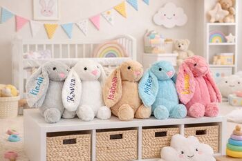 Personalised Bunny Rabbit, Custom Embroidered Plush Toy, Baby Shower Gift, Ce Certified, 2 of 12