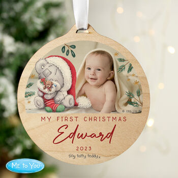 Personalised Tiny Tatty Teddy First Christmas Photo Wooden Christmas Tree Decoration, 2 of 4
