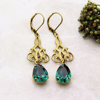 Art Deco Emerald Green Rhinestone Earrings, 5 of 8