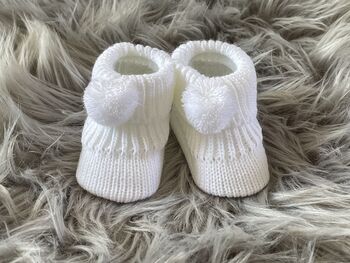 White Knitted Baby Booties With Pom Pom, 3 of 9