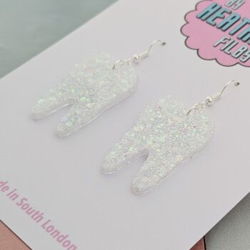 Tooth Glitter Earrings / Dentist Graduation Gift / Dental Hygienist Statement Dangles / Tooth Fairy Novelty Jewellery, 4 of 10