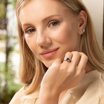 Blue Sapphire Round Cut Three Stone Engagement Ring In Sterling Silver And Gold, 3 of 12
