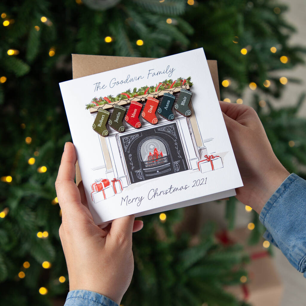 Family Stockings On Fireplace Christmas Keepsake Card, 1 of 2