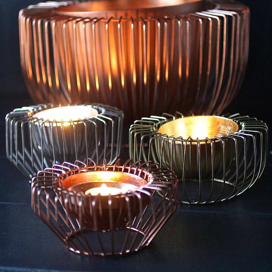 Three Wire Tealight Holders In Gold Copper And Steel By London Garden