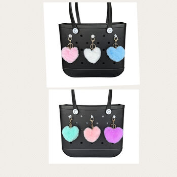New! Faux Fur Fluffy Heart/ Pom Pom Keyring’s , Six Colours, Two Designs, 2 of 3