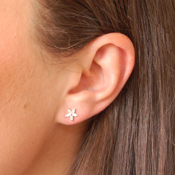 Sterling Silver Diamante Star Flower Earrings, 2 of 3