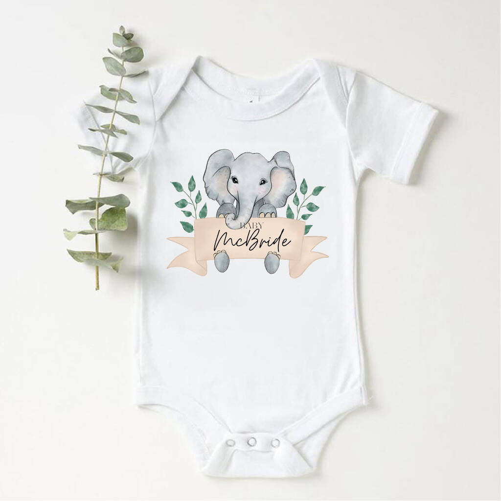 ‘Babies Surname’ Personalised Elephant Baby Vest By Babbico