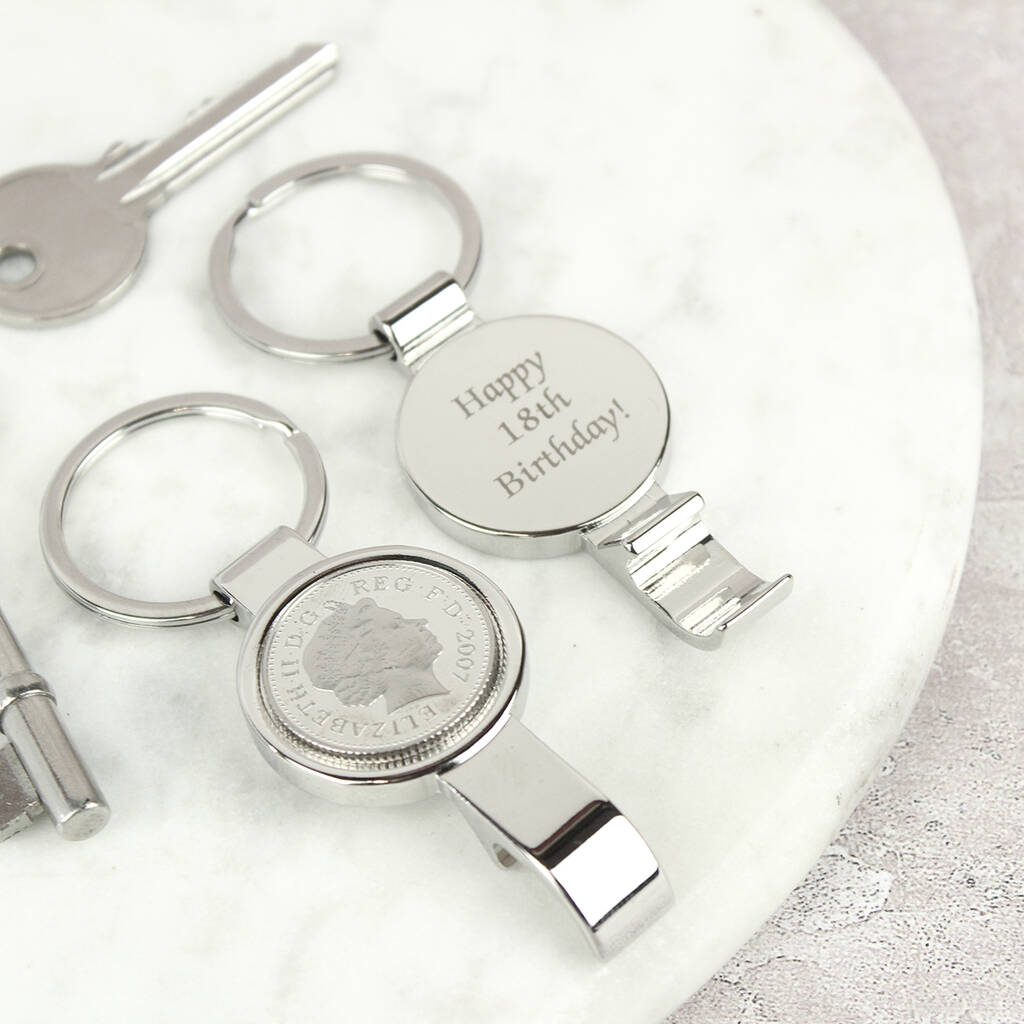 Personalised 18th Birthday Ten Pence Keyring Bottle Opener, 1 of 9