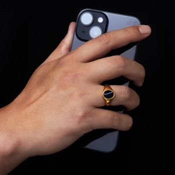 Men's Silver White Line Onyx Oval Gemstone Signet Ring, 3 of 8