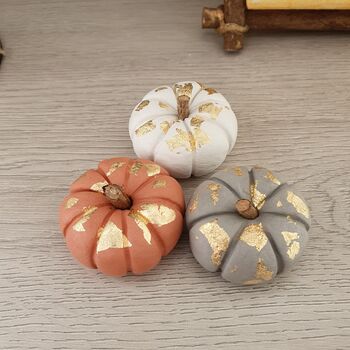 Set Of Three Mini Clay Pumpkins With Gold Leaf Details, 3 of 4