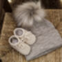 Personalised Grey Single Pom Pom Winter Hat And Booties, thumbnail 5 of 5