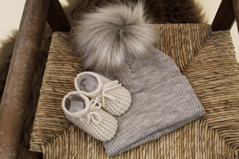 Personalised Grey Single Pom Pom Winter Hat And Booties, 5 of 5