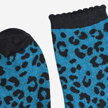 Women's Glitter Socks Teal Black Leopard Print, 4 of 5