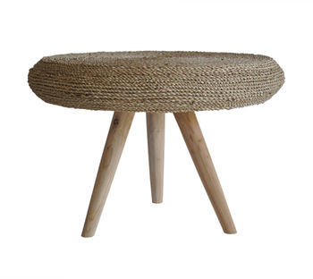 Round Wooden Side Table With Wicker, 3 of 4
