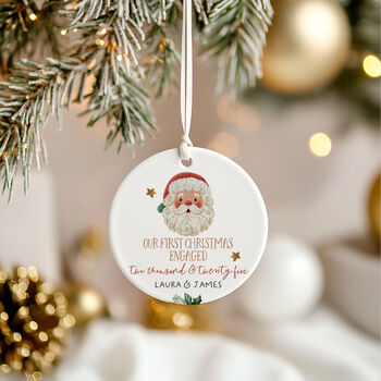 Personalised Ceramic First Christmas Engaged Tree Bauble In Various Designs, 2 of 7