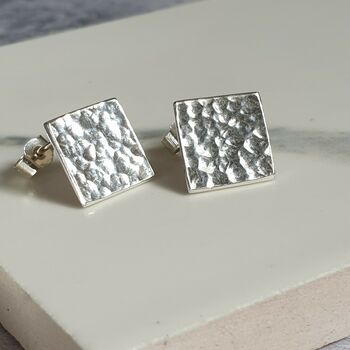 Large Hammered Square Silver Stud Earrings, 3 of 5