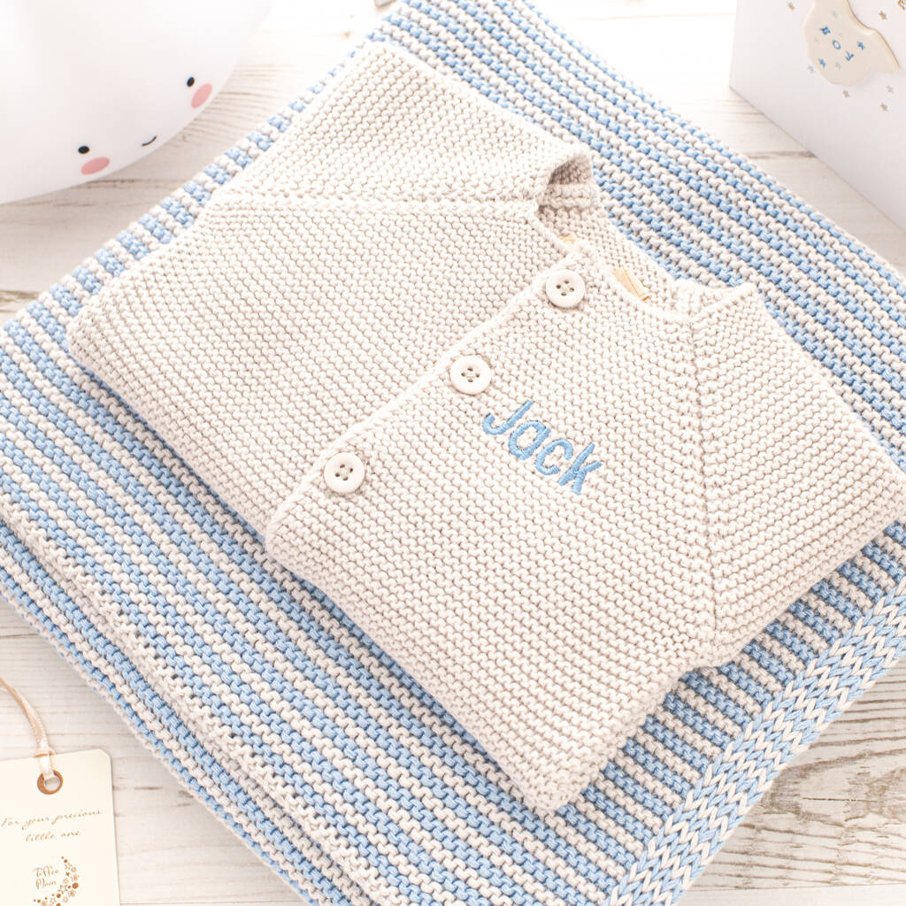 Baby Boy Cosy Cardigan And Blue Mini Stripe Blanket Set, 1 of 12