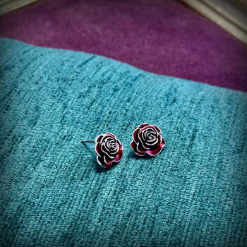 Red Rose Stud Earrings, Silver Plated, 2 of 5