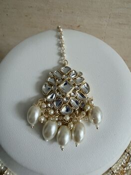 White Gold Kundan Pearl Set Necklace, Earrings And Tikka, 6 of 12