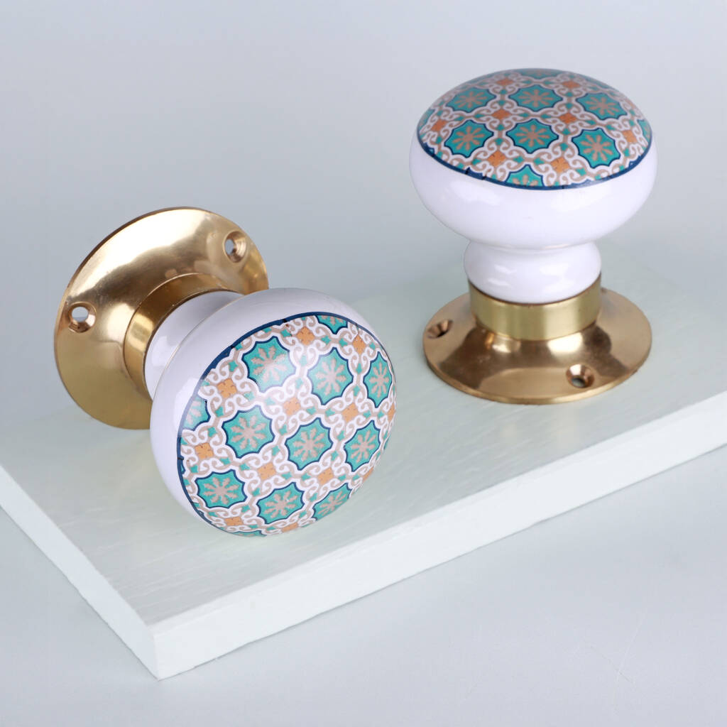 G Decor Divine Will Brass Edition Set Of Handcrafted Ceramic Porcelain Mortice Door Handles, Internal Turning Knobs For Room Doors, 1 of 5