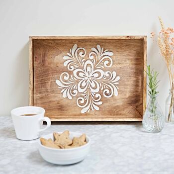Floral Carved Natural Mango Wood Tea Tray, 2 of 7