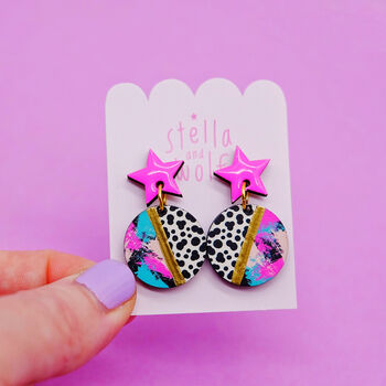 Pink Star Earrings With An Animal Print Abstract Drop, 4 of 12