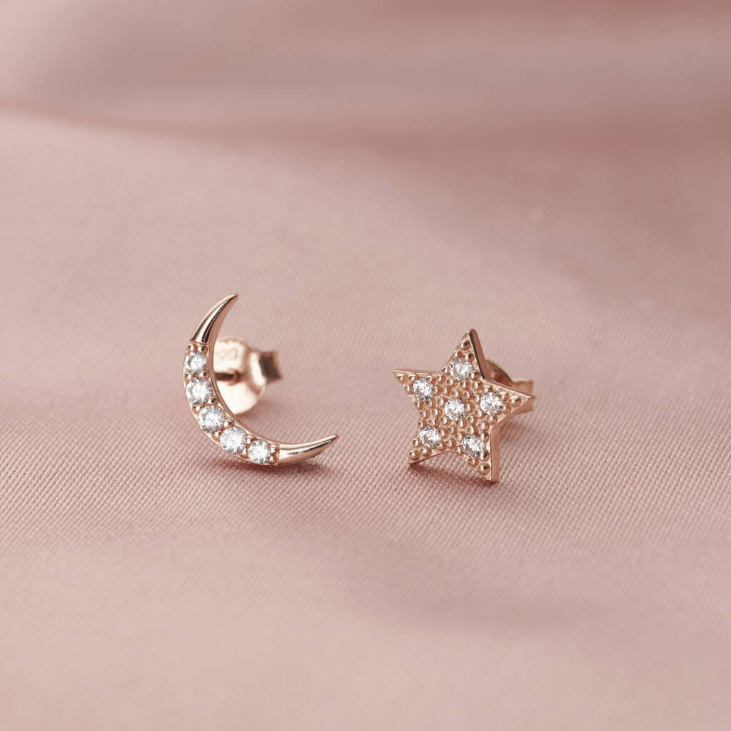 Moon And Star Stud Earrings With Cubic Zirconia By Posh Totty Designs ...