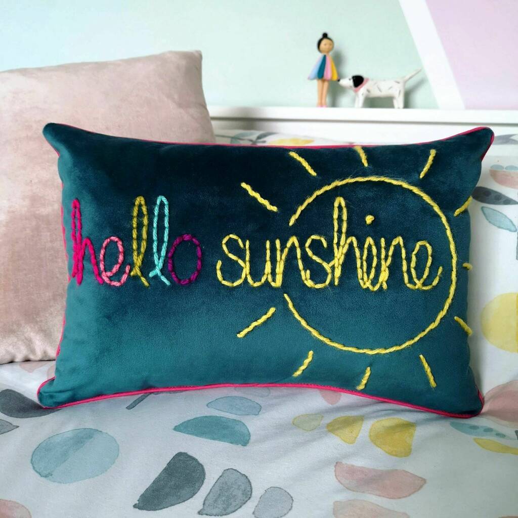 Hello Sunshine Embroidered Velvet Cushion, 1 of 5
