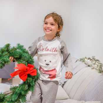 Personalised Grey Polar Bear Kids Christmas Pyjamas, 10 of 12