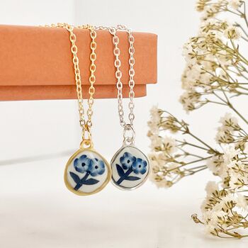 Blue And White Floral Small Handmade Clay Necklace, 2 of 9