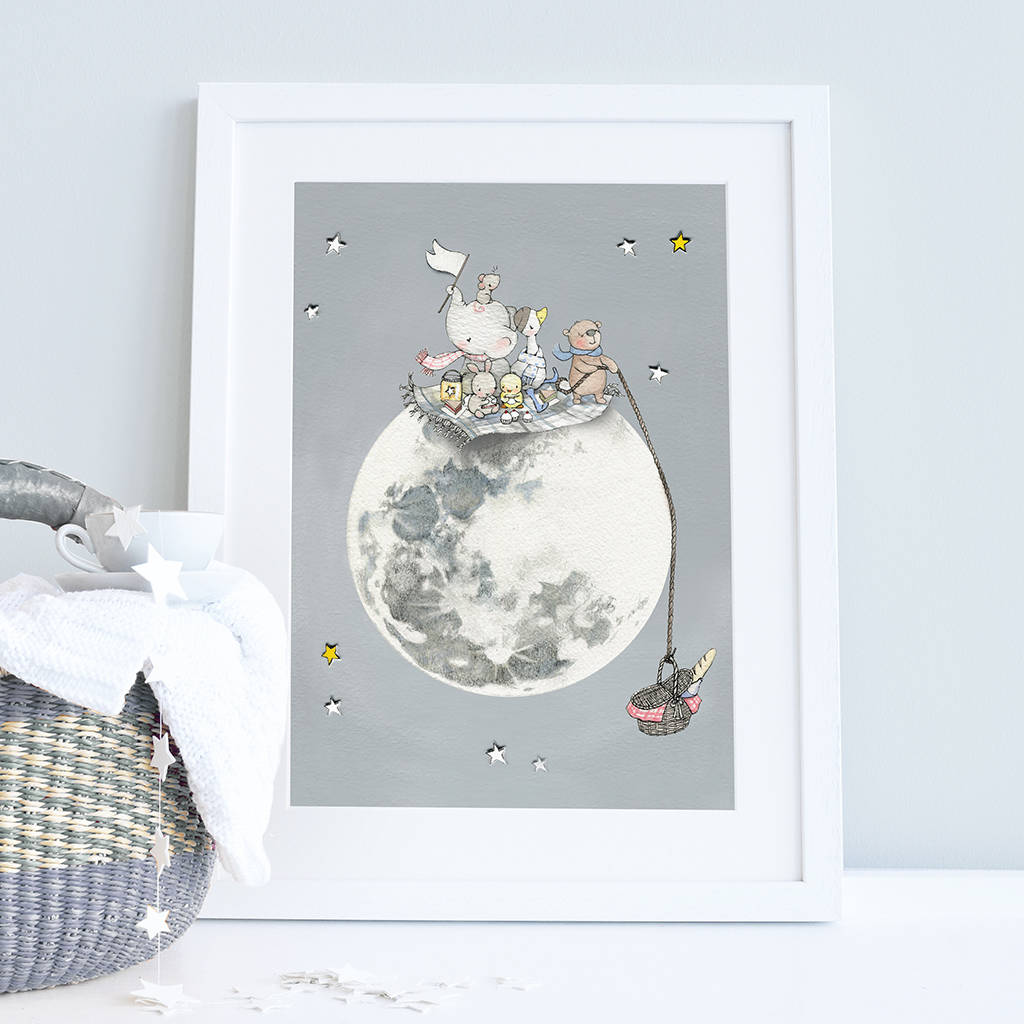 Personalised Picnic On The Moon Children's Art Print, 1 of 8