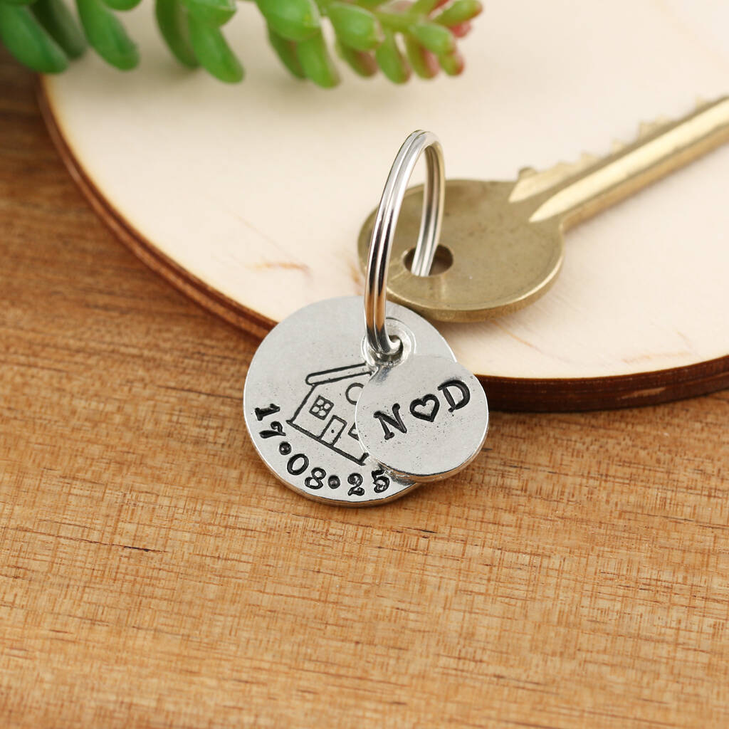 New Home Housewarming Gift Round Pewter Keyring With Date And Initials, 1 of 6