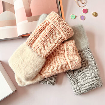 Herringbone Mixed Cable Knit Fluffy Hand Warmers, 4 of 12