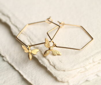 Hexagon Bee Hoop Earrings, 4 of 6