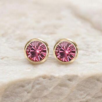 Yellow Gold Plated October Pink Tourmaline Birthstone Stud Earrings, 5 of 9