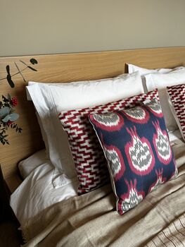 Square Ikat Silk Cushion Pink And Blue Pomegranate, 2 of 7