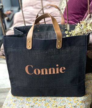 Black, Leather And Bronze Jute Shopper, 4 of 4