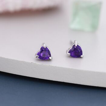 Genuine Amethyst Heart Stud Earrings In Sterling Silver, 2 of 12