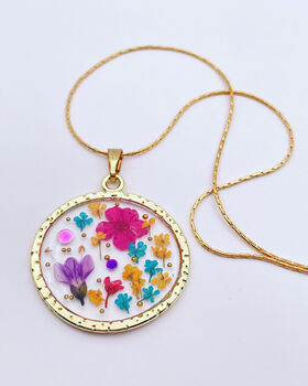 Pressed Pink Blue Flowers Pendant Medium Hand Made, 2 of 8