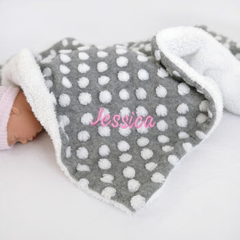 Personalised Spotty Grey And White Sherpa Baby Blanket, 3 of 8