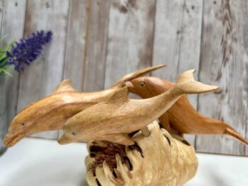Hand Carved Wooden Dolphin Family Sculpture Ornament, 2 of 10