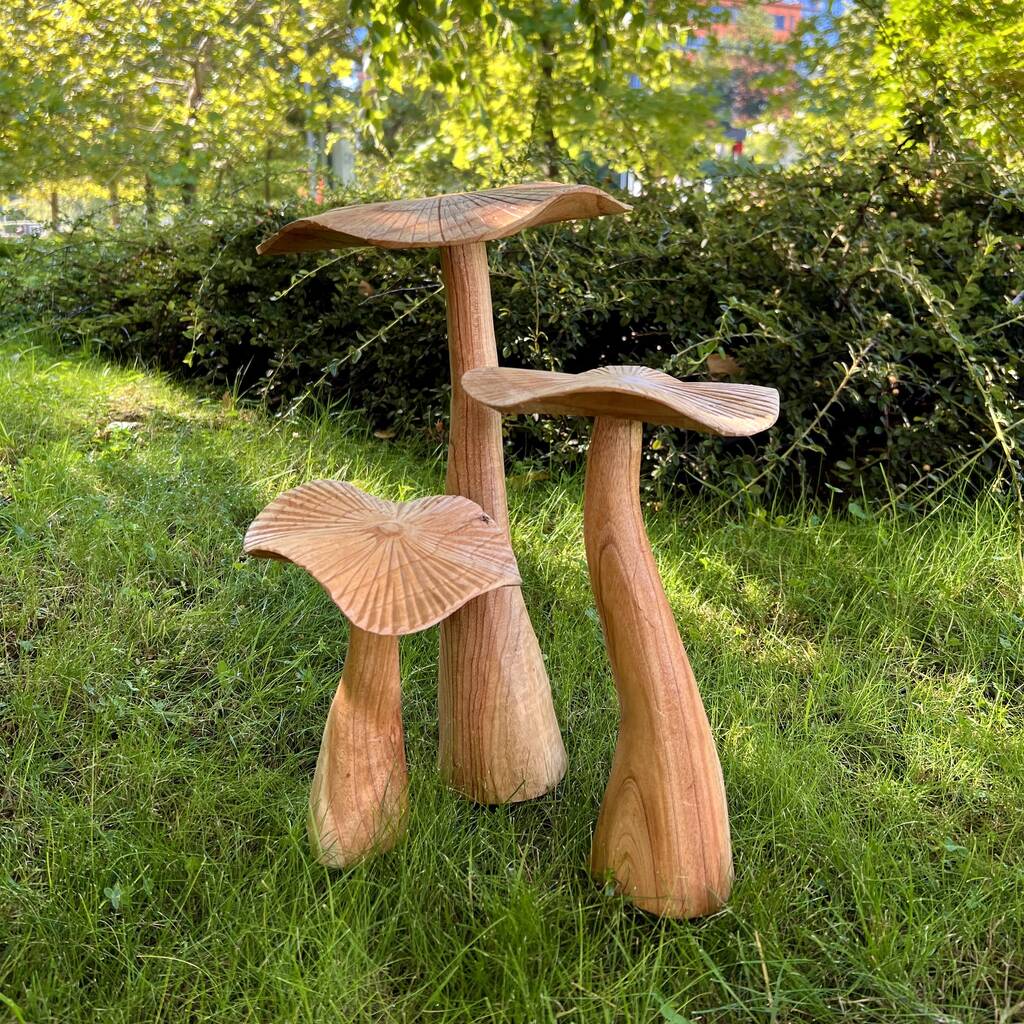 Wooden Toadstool Trio and Plinth Garden Sculpture Buy Wooden Mushrooms and  Toadstools (Sculptural) Wooden Mushroom Garden Ornament and Sculpture Toads
