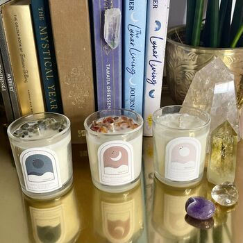 Set Of Three Mini Moon Phase Crystal Intention Candles, 3 of 3