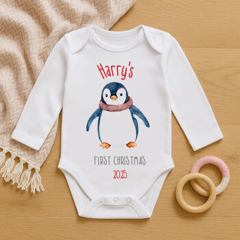 Personalised Baby's First Christmas Babygrow / Bodysuit Christmas Penguin, 4 of 7