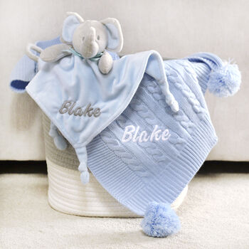 Personalised Elephant Comforter And Cable Blanket Blue, 6 of 9